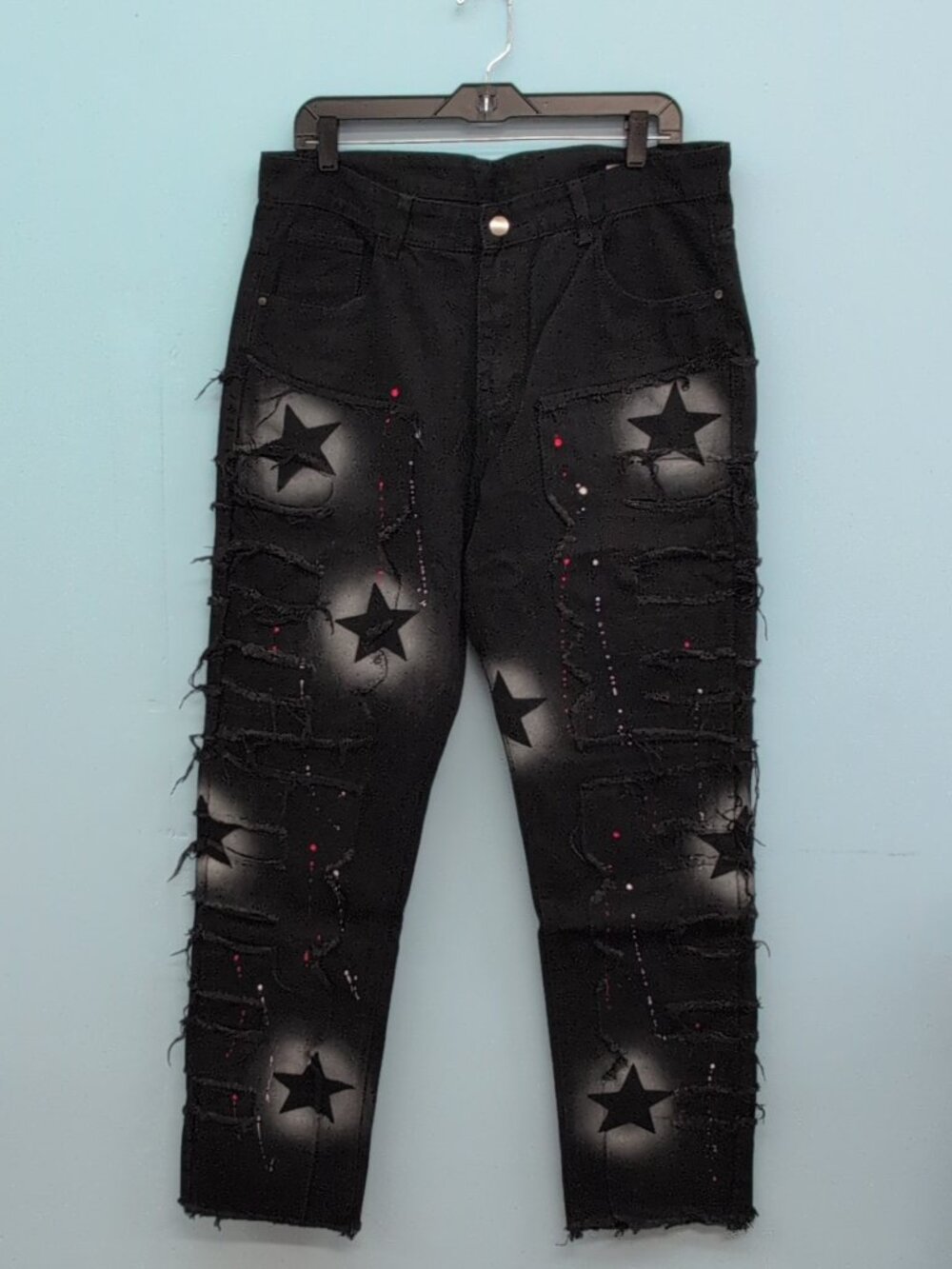SHEIN Men Star Print Distressed Frayed Denim Jeans Black Size 36